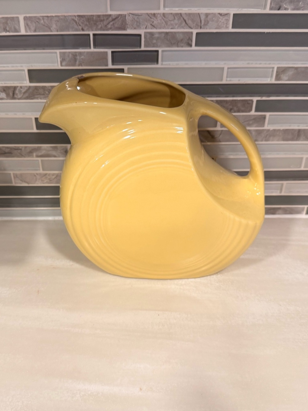 Vintage Pre 19Fiesta Disc Large Water Pitcher Homer Laughlin Pale Yellow chip